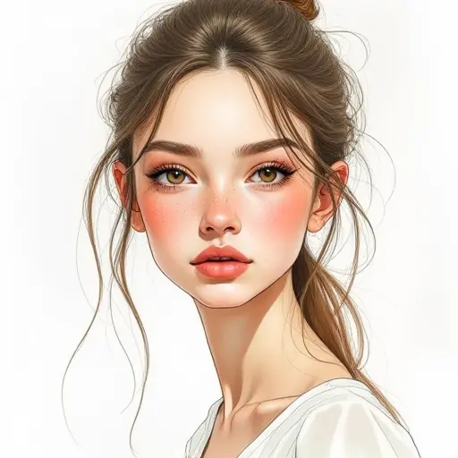 A girl with a strong nose and defined features, sketched with delicate pencil strokes and soft watercolor highlights.