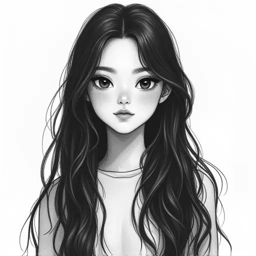 A girl with long black hair, sketched in soft pencil strokes with light shading for a natural look.