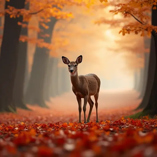 A young deer standing in a forest of autumn leaves, the ground covered with vibrant hues of red and orange, while a soft morning fog wraps around the trees and the leaves create a magical, ethereal feeling.