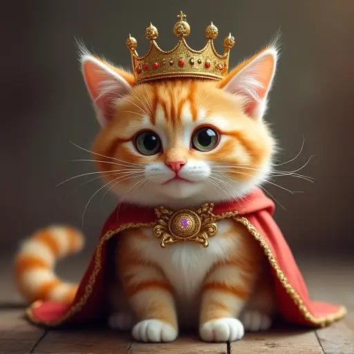 Confident cat with a royal pose, wearing a small crown, big eyes, and a mischievous smile.