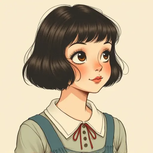 A girl with retro-style short hair, drawn in vintage sketching style with soft shading and muted colors.