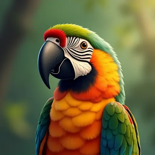 studio ghibli style of a parrot from the front view