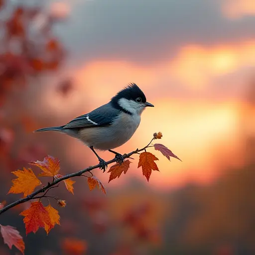 A small bird perched on a branch, with a gust of autumn wind carrying vibrant leaves around it, the sky above filled with colorful clouds at dusk.