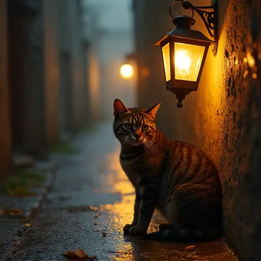 A cat sitting under an old lantern in an alley during a soft drizzle, with its wet fur glistening in the dim golden light.