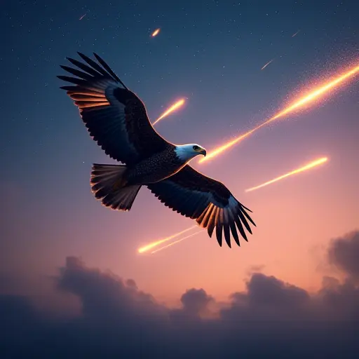 An eagle flying across a twilight sky streaked with glowing meteors, its feathers reflecting the shimmering light trails in the air.