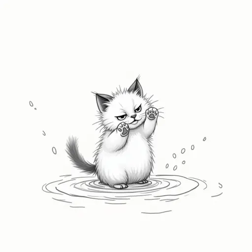 clean pencial outline sketch of A birman cat playfully splashing water with its paws, showing a mischievous expression.