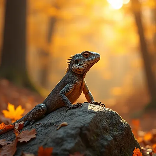 A lizard basking on a warm rock in an autumn forest, surrounded by falling leaves, with the sunlight shining through the trees casting a soft glow on its scales.