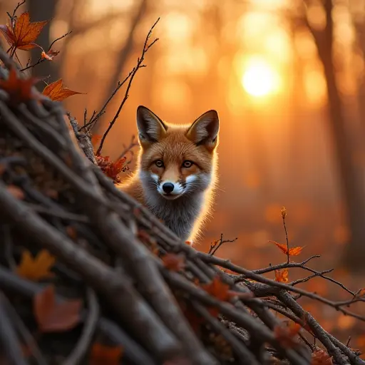 A fox peeking out from behind a pile of dried branches in an autumn forest, with the warm colors of the leaves reflecting off its fur as the sun dips low in the sky.