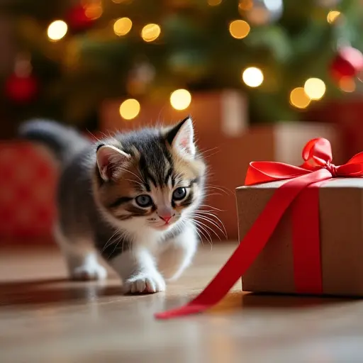 A playful kitten chasing a bright red ribbon tied to a Christmas gift, while the tree is decorated with ornaments and twinkling lights, creating a cheerful holiday scene.