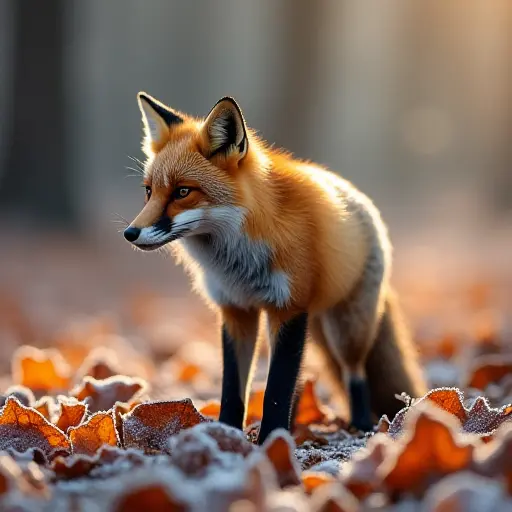 A fox standing on a layer of frost-covered autumn leaves, its breath visible in the crisp morning air, while more frost slowly coats the leaves, creating a magical wintery glow around the forest floor.