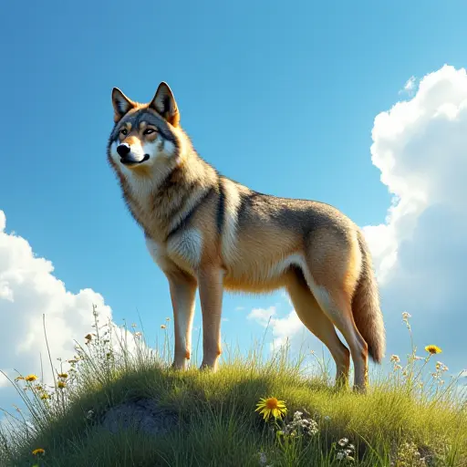 A wolf standing on a grassy hill beneath a bright blue sky with fluffy clouds, its posture proud and its fur blending with the wildflowers around it.