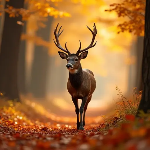 A deer prancing through an autumn forest, with the forest floor covered in orange, yellow, and red leaves, its antlers illuminated by the soft, warm autumn sunlight.