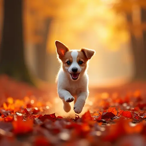 A small dog running happily through a carpet of bright red autumn leaves, its paws kicking up the leaves as it bounds through the forest, the sun casting a warm, golden glow on the scene.