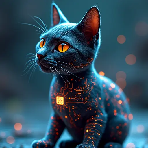 A cat avatar designed with high-tech symbols, such as QR codes or circuit patterns, integrated into its fur or body.