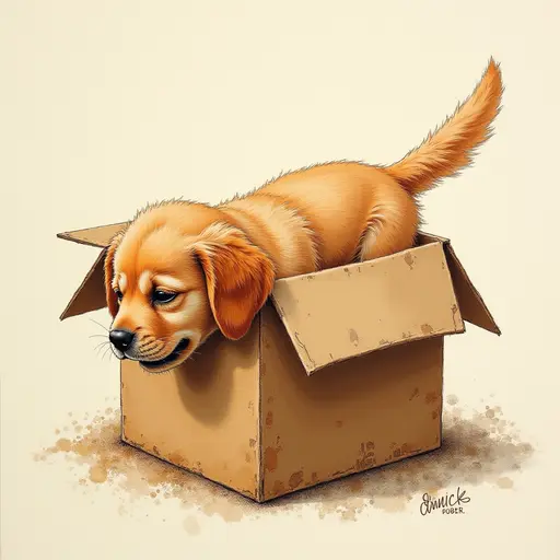 pointillism painting of The small Golden Retriever dives headfirst into the box, its tail swishing gently as it explores the surroundings.